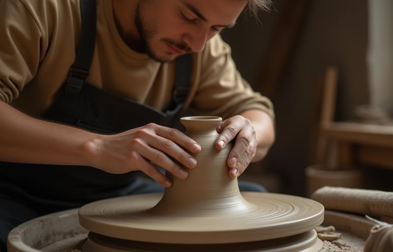 Artisan working on a ceramic piece on a potter's wheel